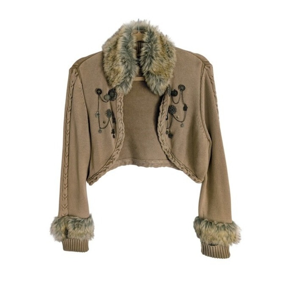 Tribal 00s Mori Kei Whimsigoth Beige Brooch Charm Faux Fur Trim Cropped Cardigan